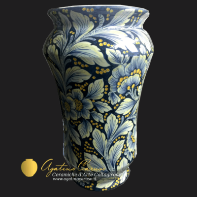 Portaombrelli in ceramica di Caltagirone, decoro Dalia fondo blu cobalto