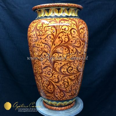 Portaombrelli in ceramica di Caltagirone dipinto a mano, decoro in arancio e bruno