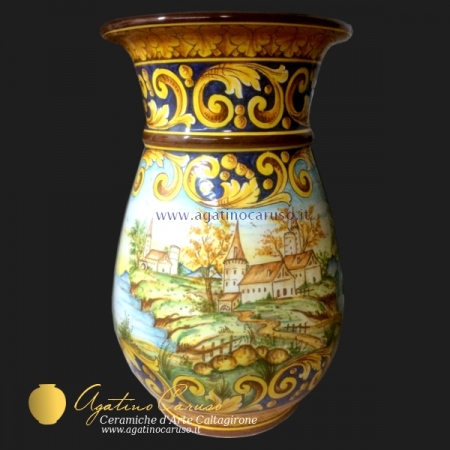 Portaombrelli ceramica di Caltagirone, dipinto con paesaggio a tutto tondo