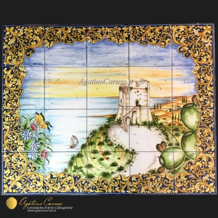 Pannello in ceramica artistica dipinto a mano raffigurante paesaggio mediterraneo